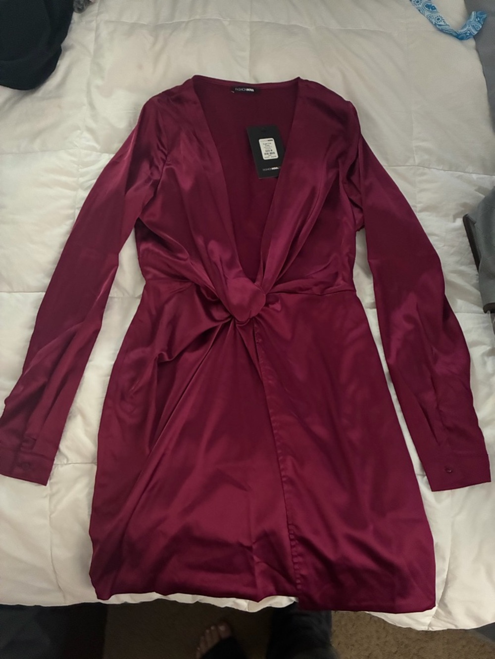 Fashion Nova Satin Knot-Front Long Sleeve Dress - Burgundy